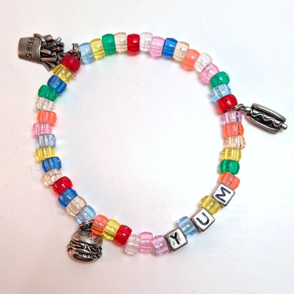 Handmade Yum Food Rainbow Beaded Charm Bracelet Preppy Kidcore Kawaii VTG 90s